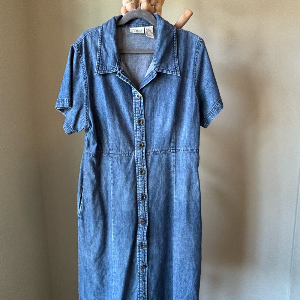 L.L. Bean Button-Front Denim Dress in Medium Blue